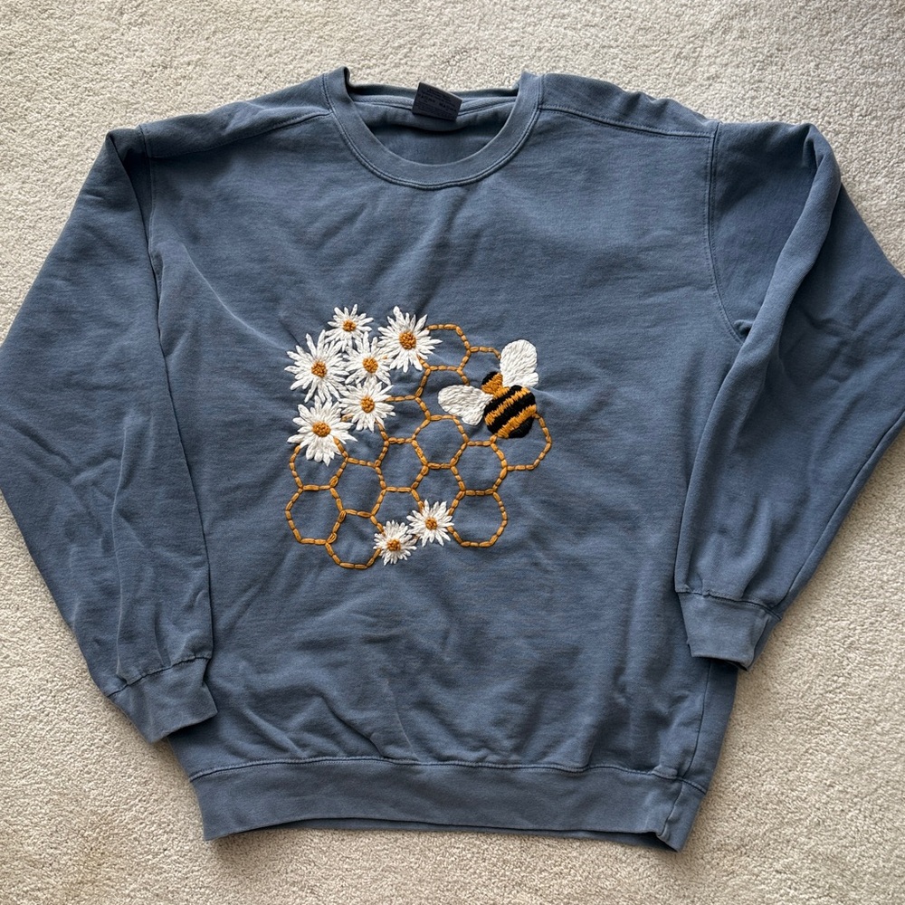 Handmade Comfort Colors Blue Sweatshirt with Bee and Flower Embroidery